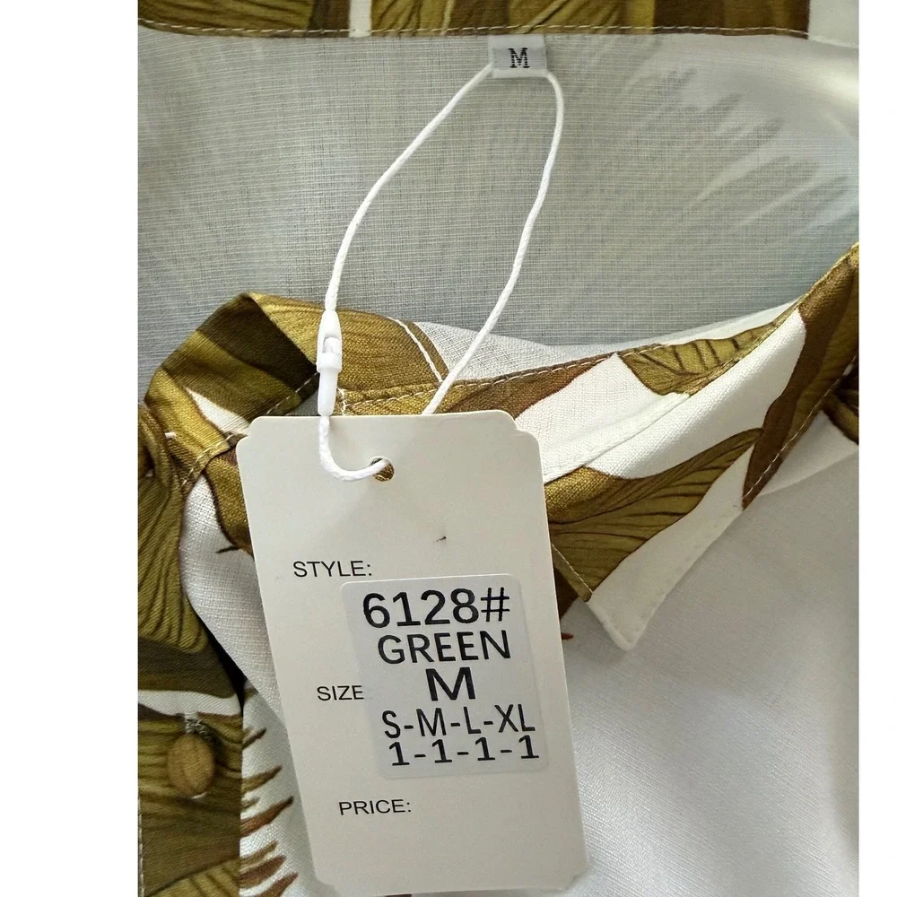 2-Piece Pant Set Women Size M White Green Botanical Thistle Tropical Loungewear